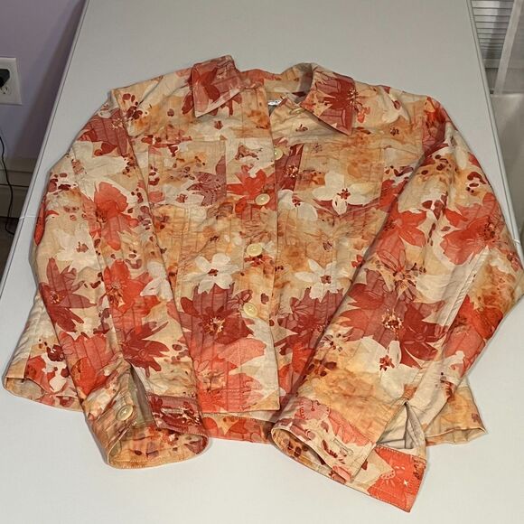 Coldwater Creek Jacket Fall Leaf Print Orange Tan Blazer Jacket NWOT S Small - Picture 1 of 9